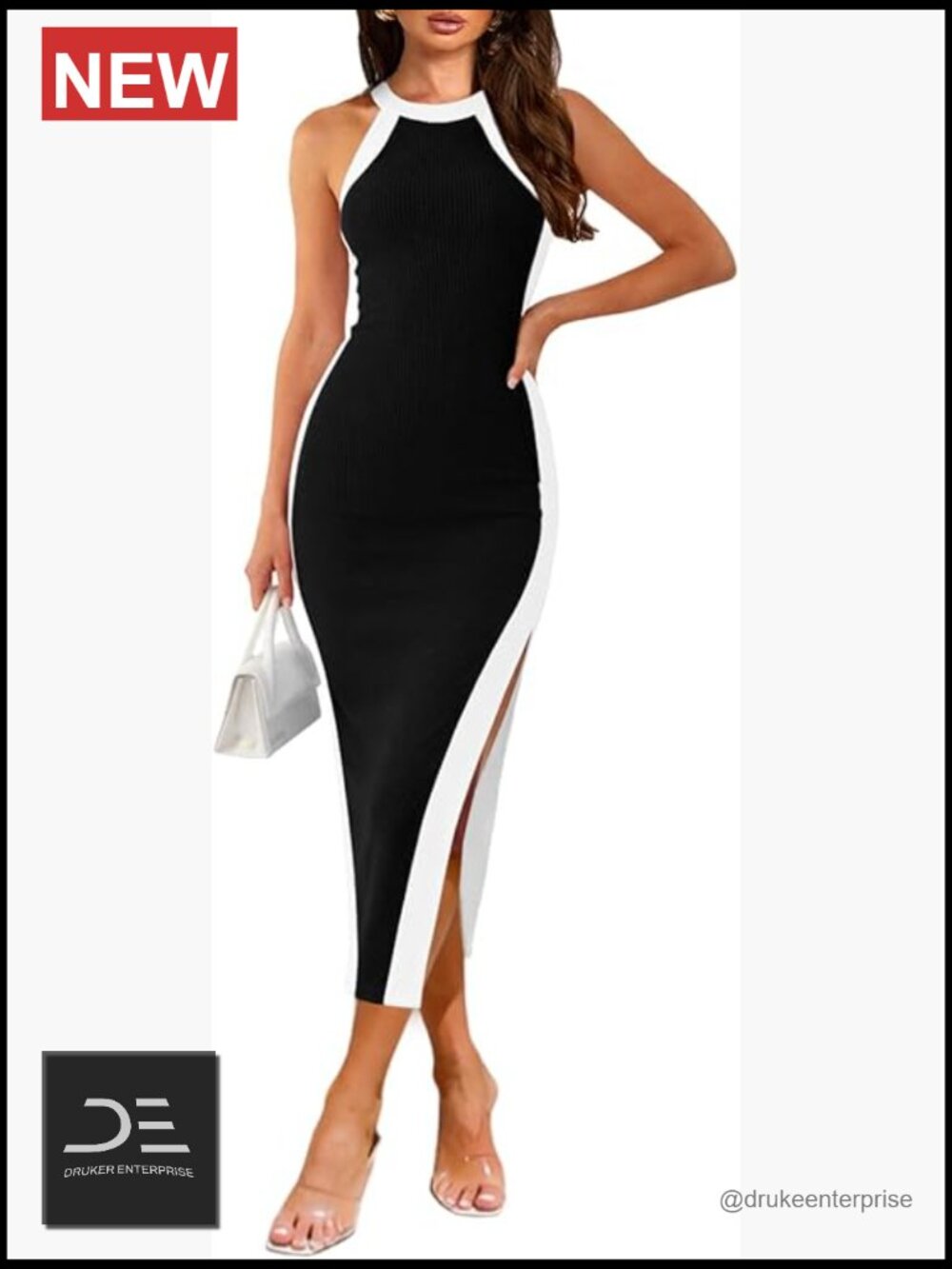 Sleeveless Halter Ribbed Knit Bodycon Midi Side Slit Summer Night Dress